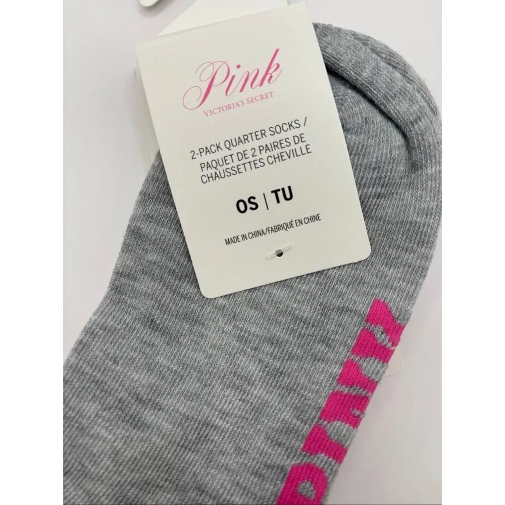 PINK Victoria’s Secret 2-Pack Quarter Socks White Gray NWT